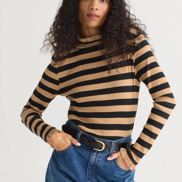 J. Crew Sweaters - J.Crew Montauk Stripe Ribbed Mockneck XS Sand Black Breton Ruffle Trim